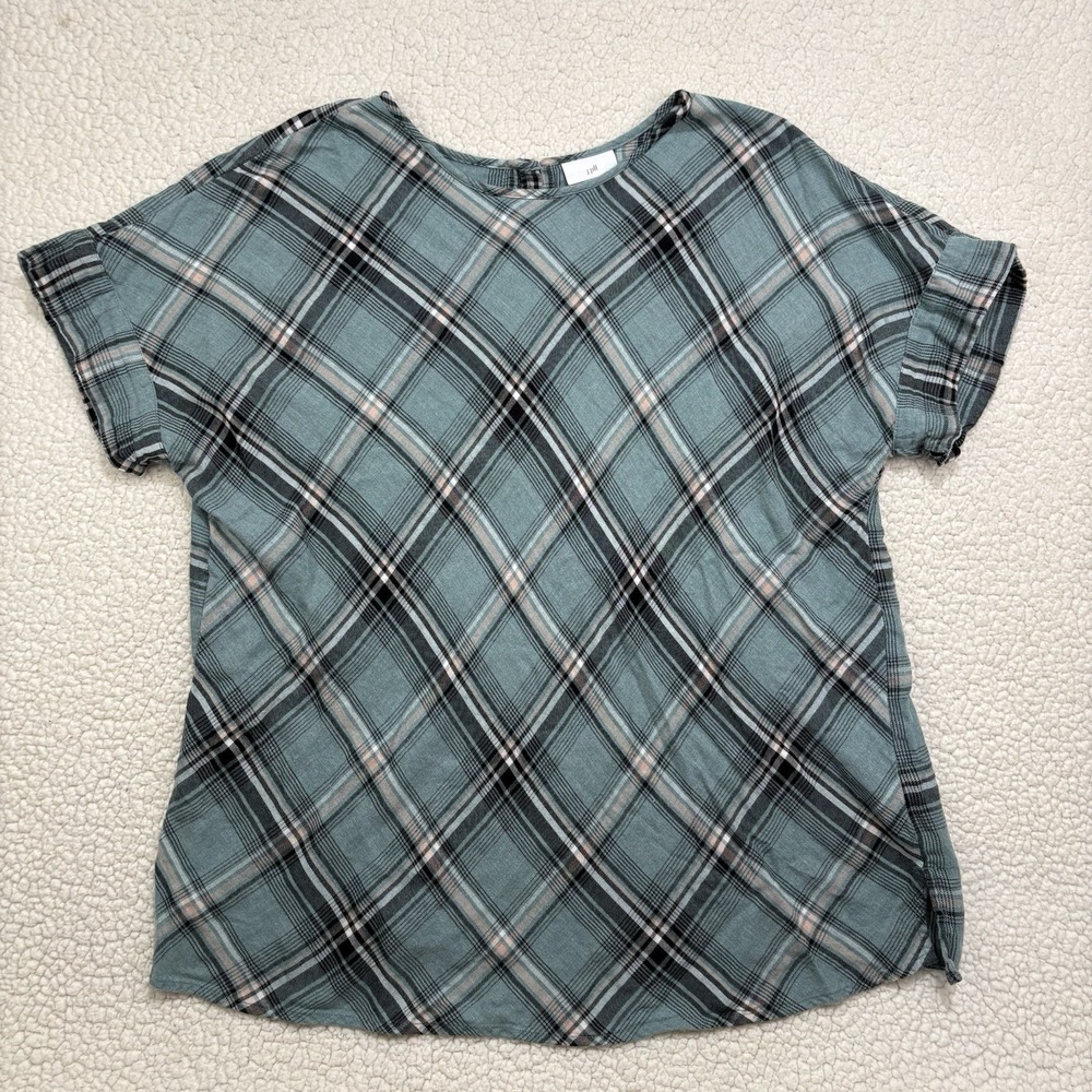 J. Jill Teal Black Plaid Tunic Top Size XL Short Sleeve Blouse Boho Relaxed